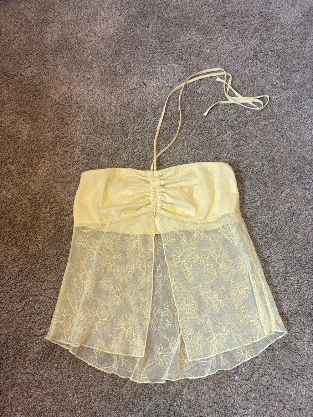 T.J.Maxx Pale Yellow Lace Halter Babydoll Top